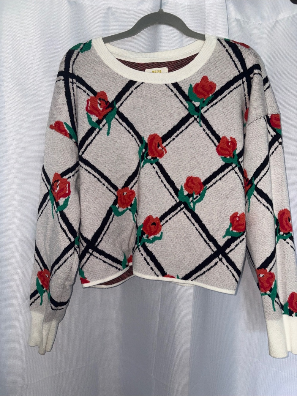 Maeve Cream Crewneck Sweater with Red Rose Argyle